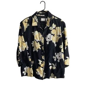Emma James Button Up Floral Blazer Linen Blend Jacket 18W Navy Yellow Spring